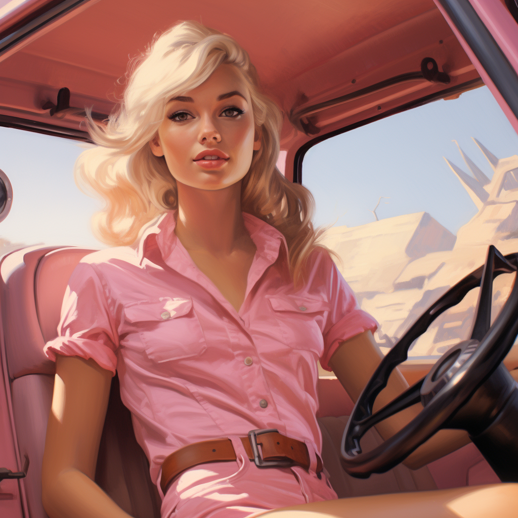 blonde-haired woman driving pink jeep