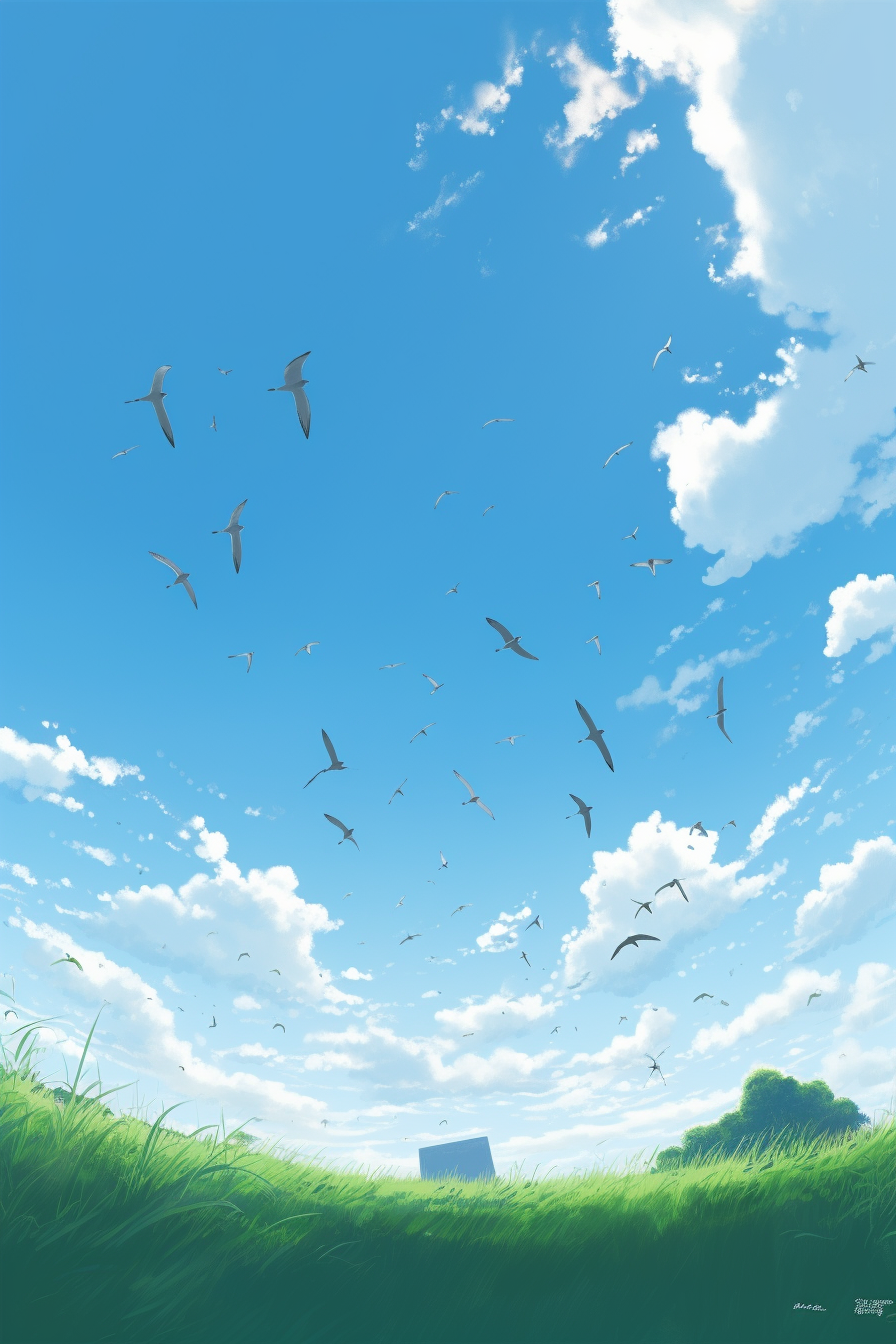 Serene blue summer sky with seagulls