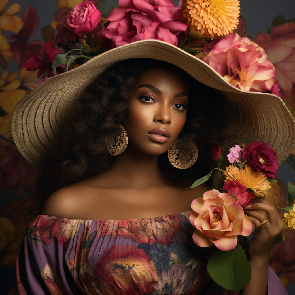 Beautiful brown woman in dress and hat with flowers