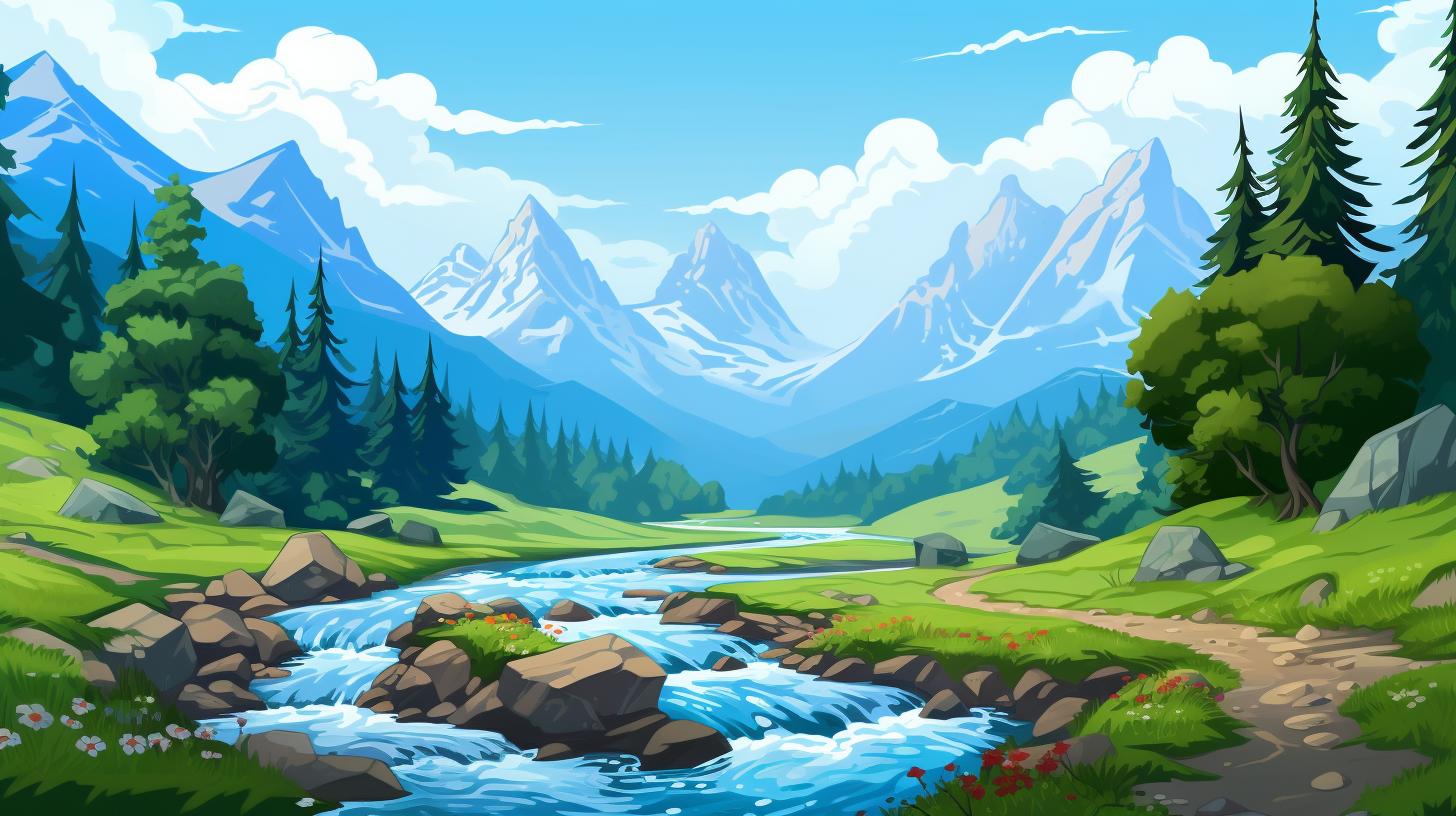 Cartoon style of a beautiful mountain river