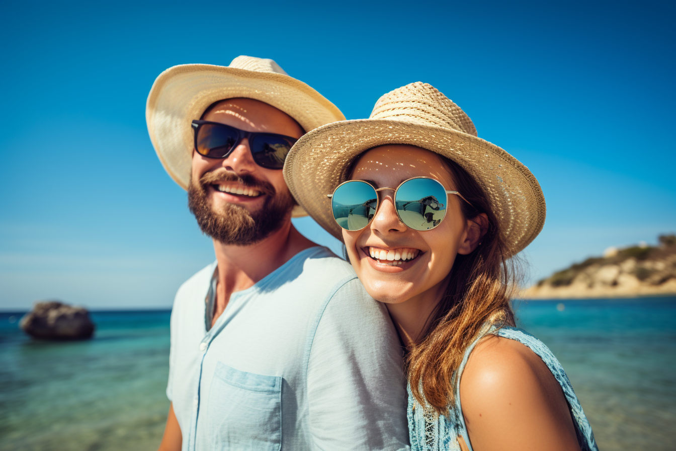 Smiling couple on the beach with sunglasses and hat