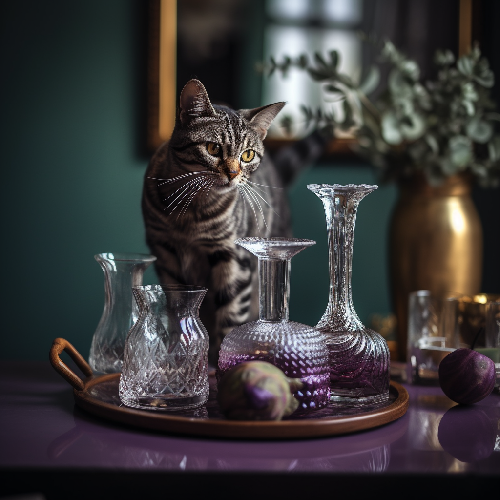 Exotic spotted cat balancing carafe on tray