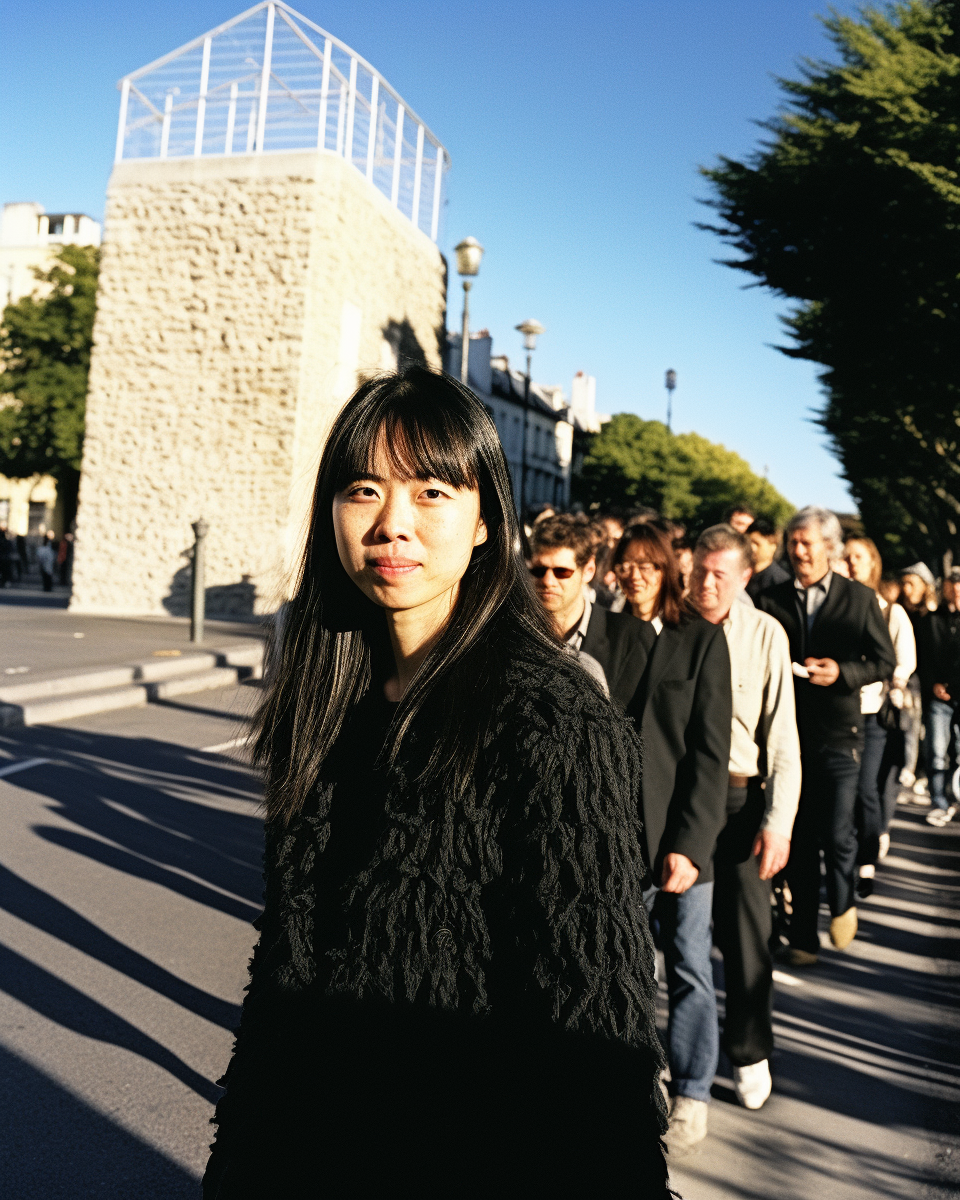 Smiling girl with black hair on busy street