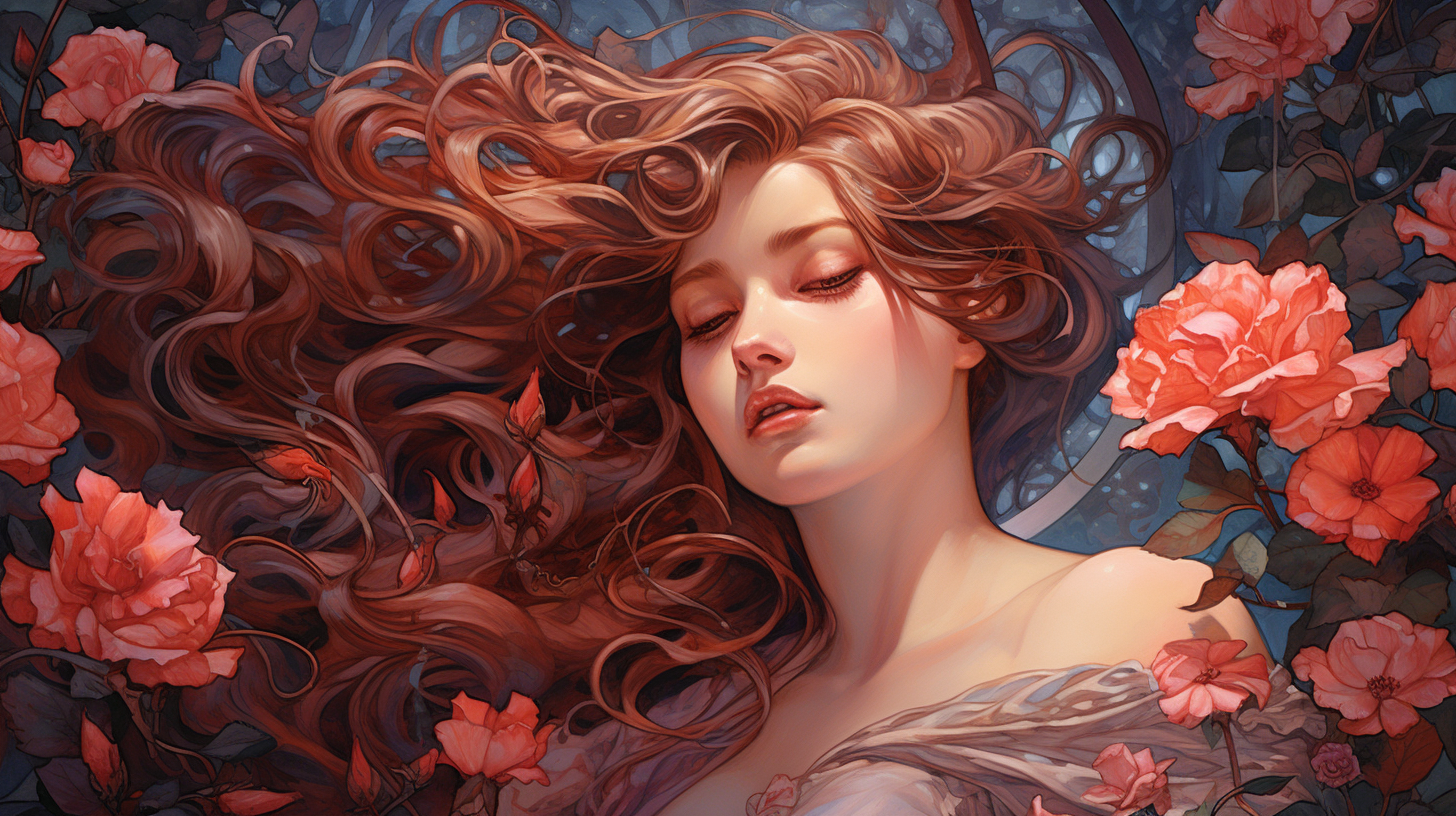 Beautiful girl surrounded by nightingales and roses