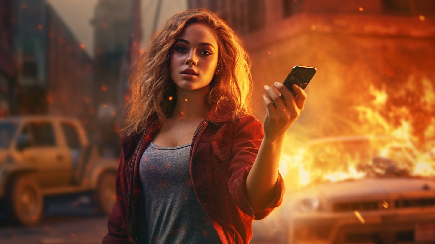 Beautiful girl taking a cell phone self portrait with a riot in the background