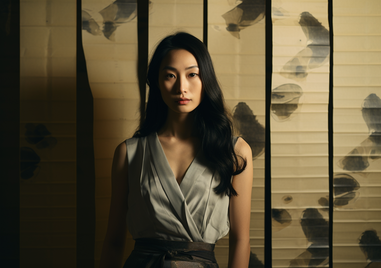 Beautiful Japanese Woman in Slip Dress Standing in front of Screen Wall