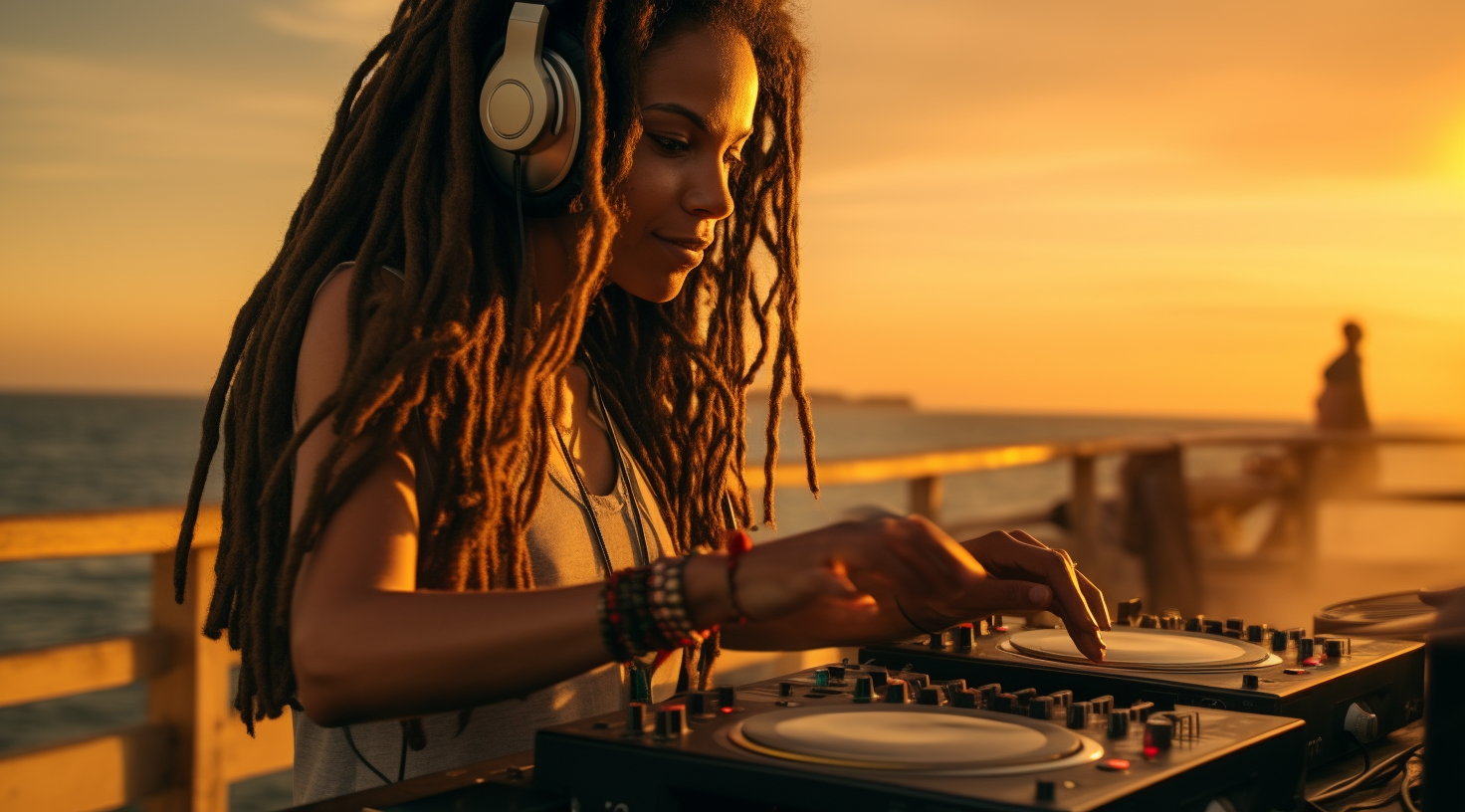 Stylish DJ woman mixing by the sea