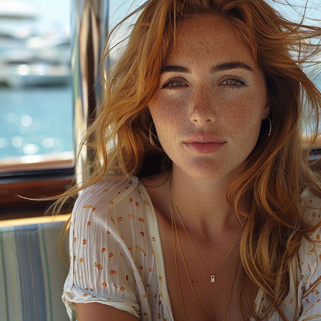 Beautiful redhead woman on yacht