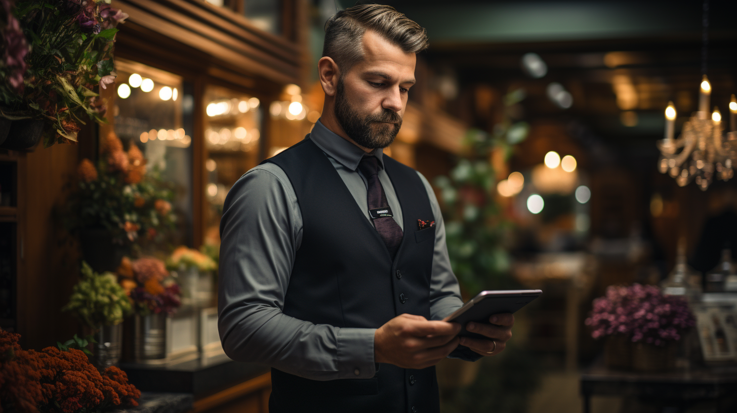 Professional hostess holds iPad at restaurant