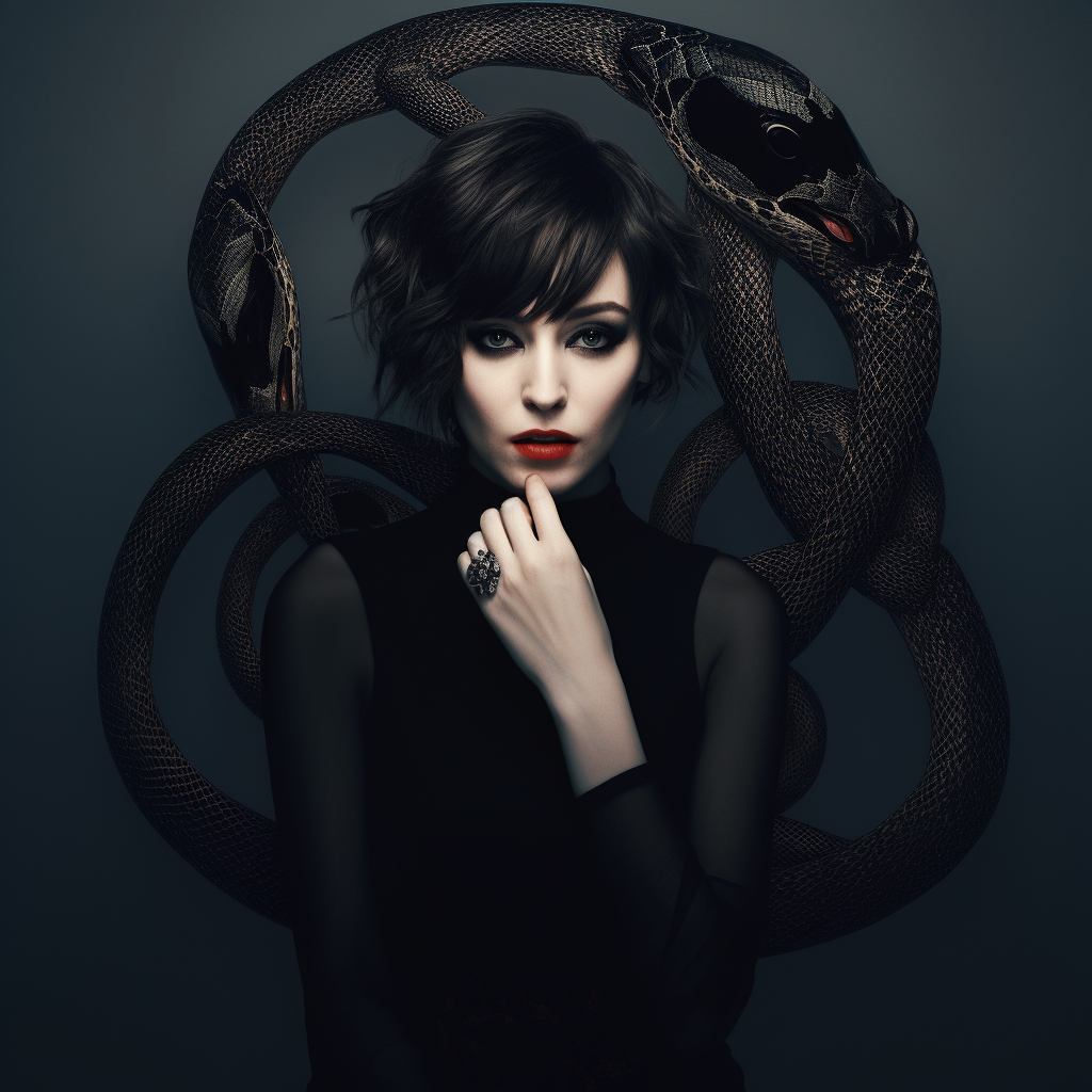 Gorgeous woman with snake and black dress