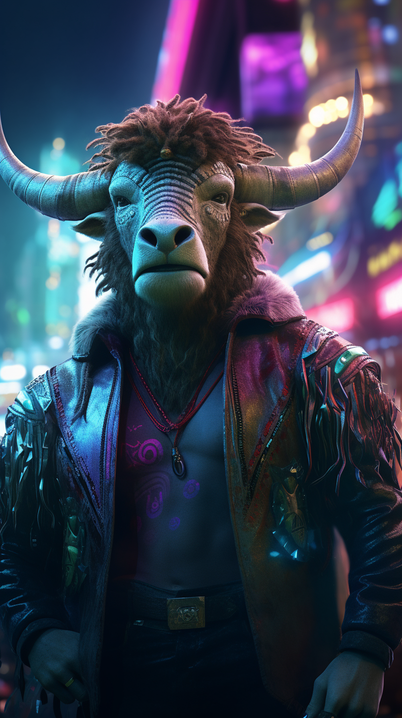 Smiling man with fluffy bull creature in cyberpunk