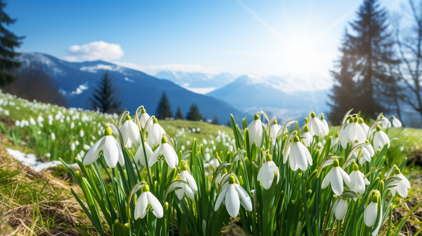 Beautiful Spring Snowdrops with Mountain Background