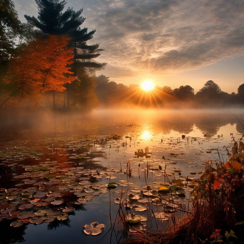 Scenic Sunrise with Fog and Fall Leaves