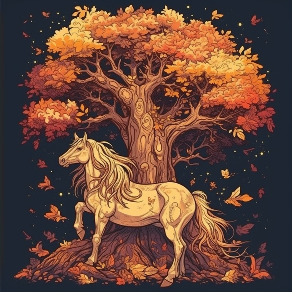 Beautiful tree with golden shiny unicorn