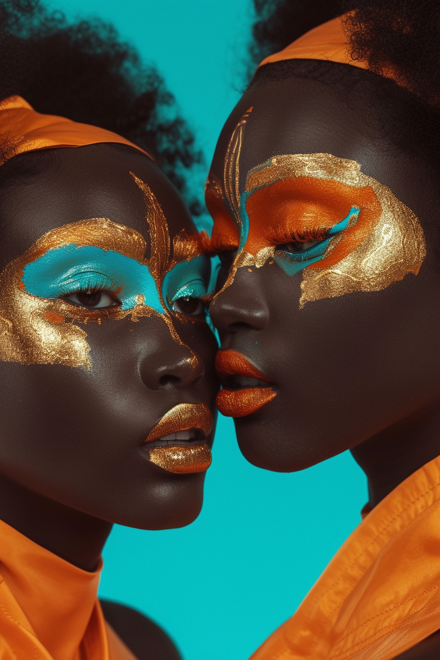 Twin girls in orange and gold makeup