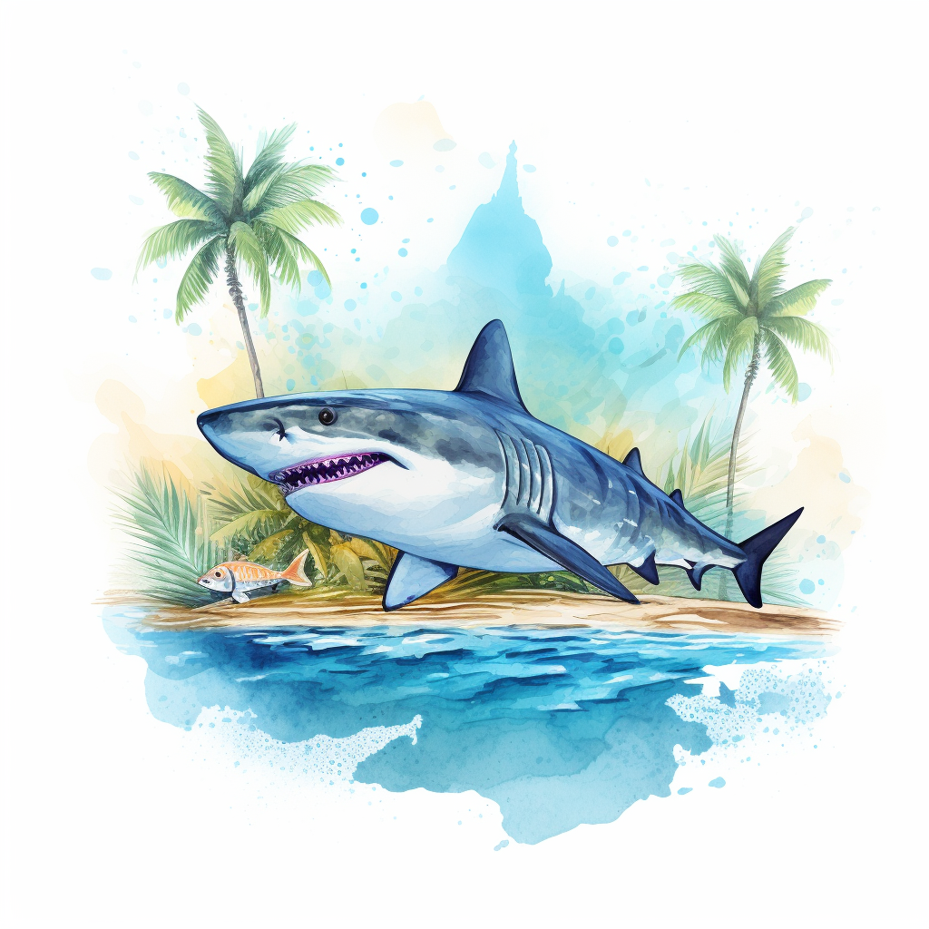 Vibrant watercolour shark swimming in the ocean