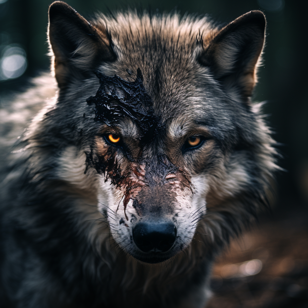 Beautiful wolf with scar in cinematic light