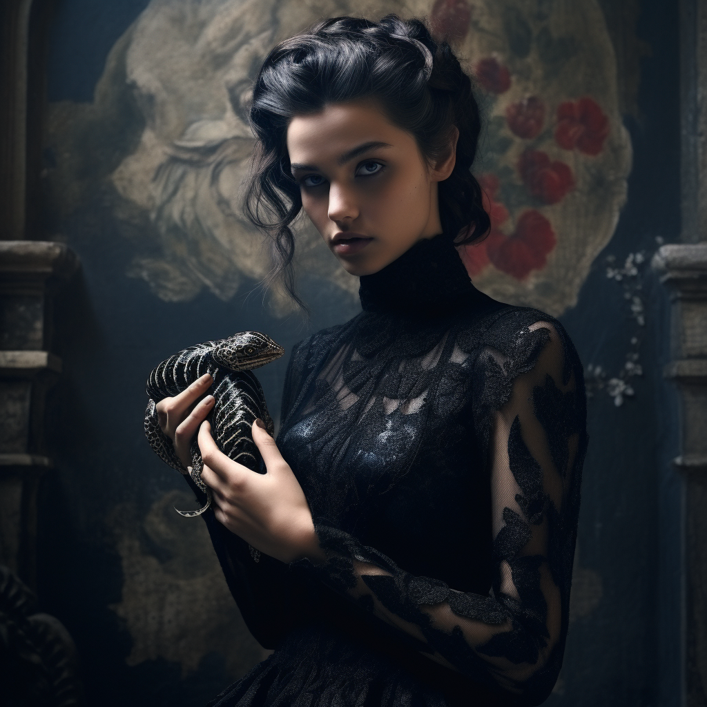 Woman holding black viper in unique dress