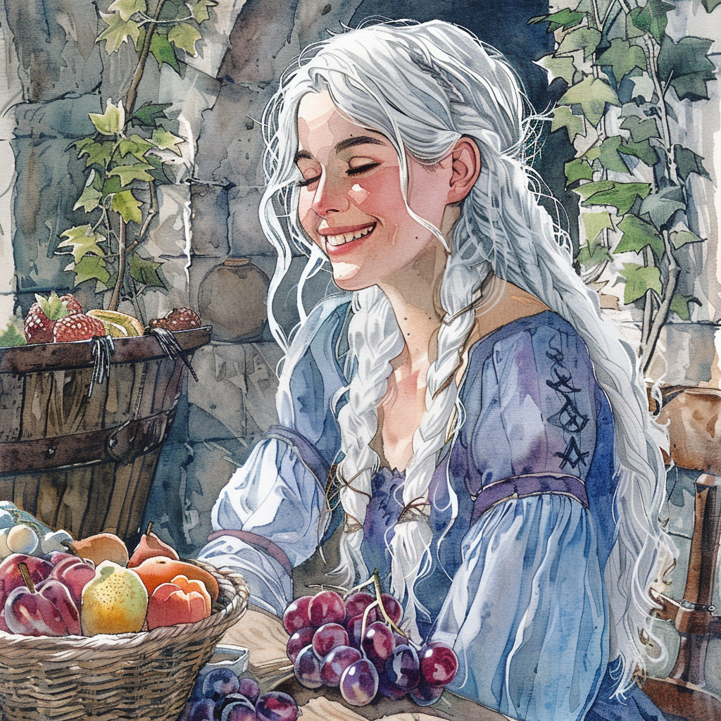 Beautiful woman with silver hair eating fruit