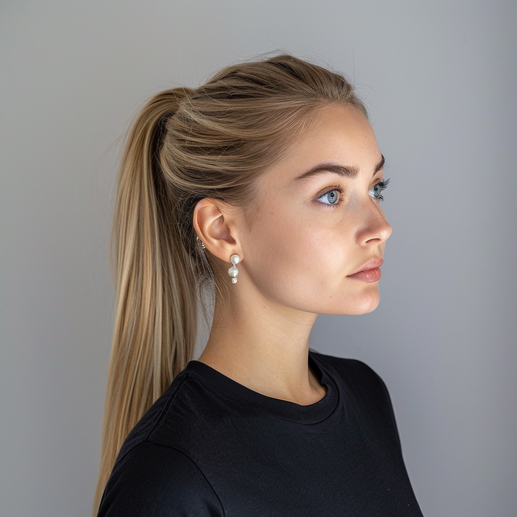 Beautiful woman with t-shirt and pearls