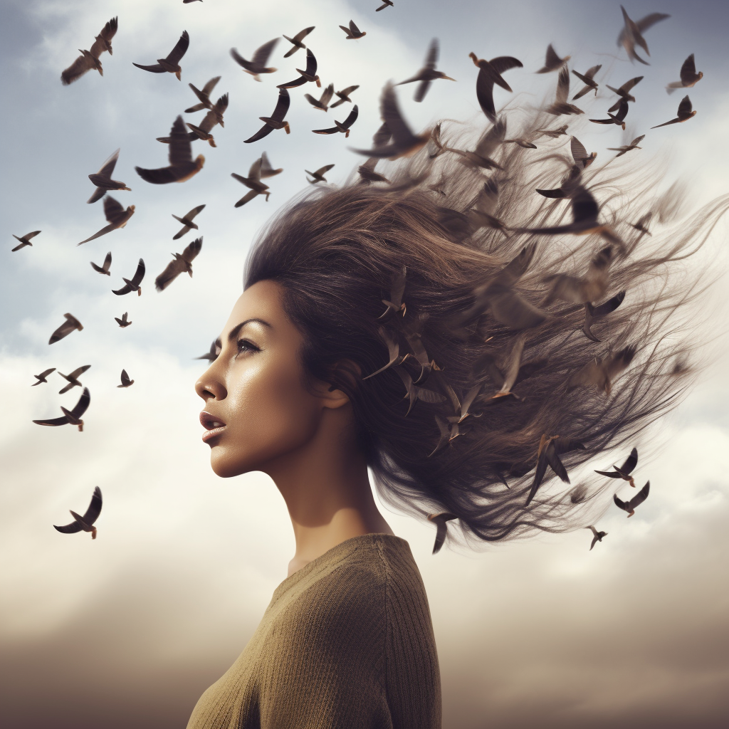 Beautiful woman with birds in her hair