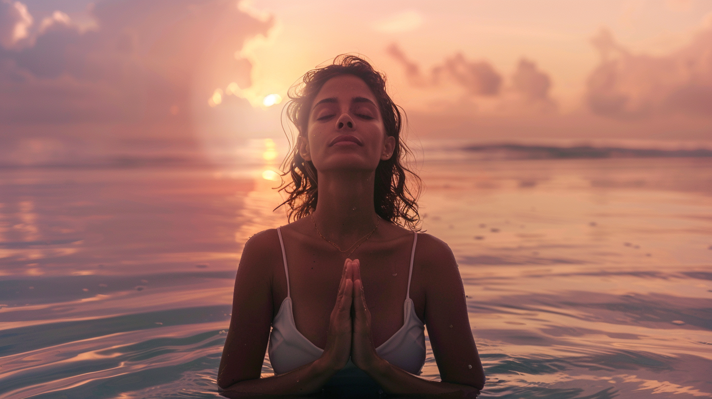 Woman doing yoga by ocean