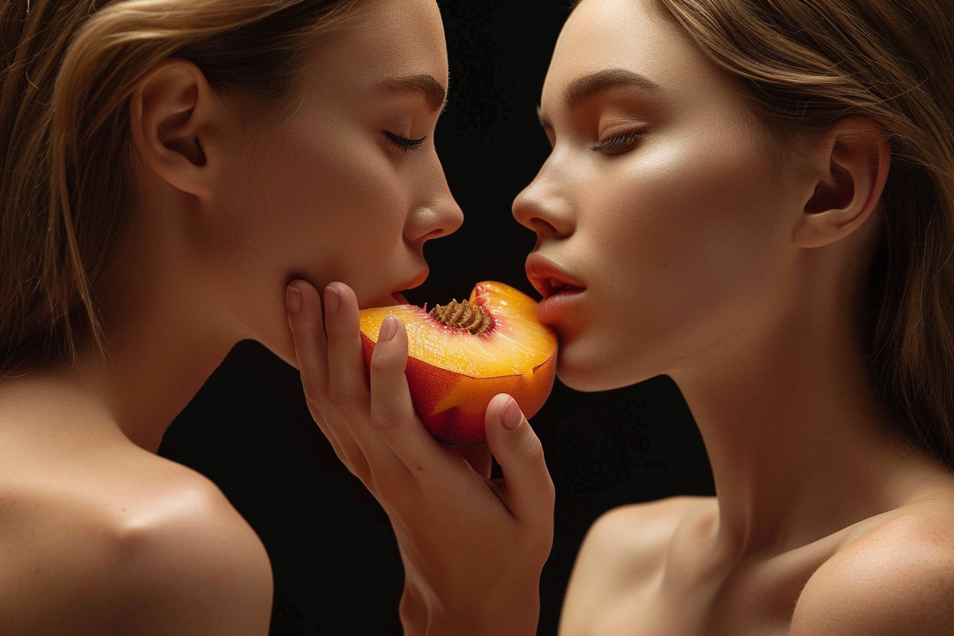 Two women sharing a juicy peach