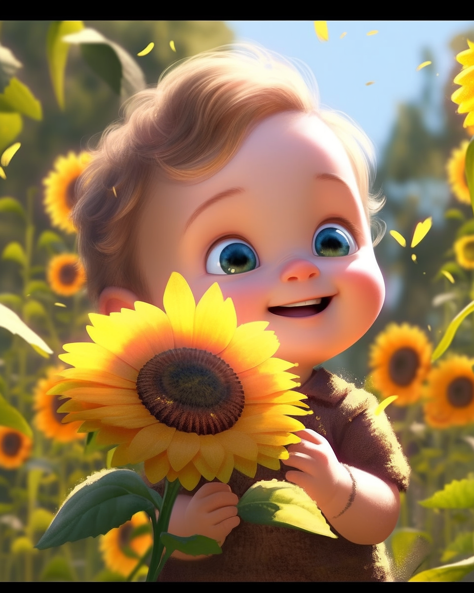 Adorable baby holding sunflower in forest