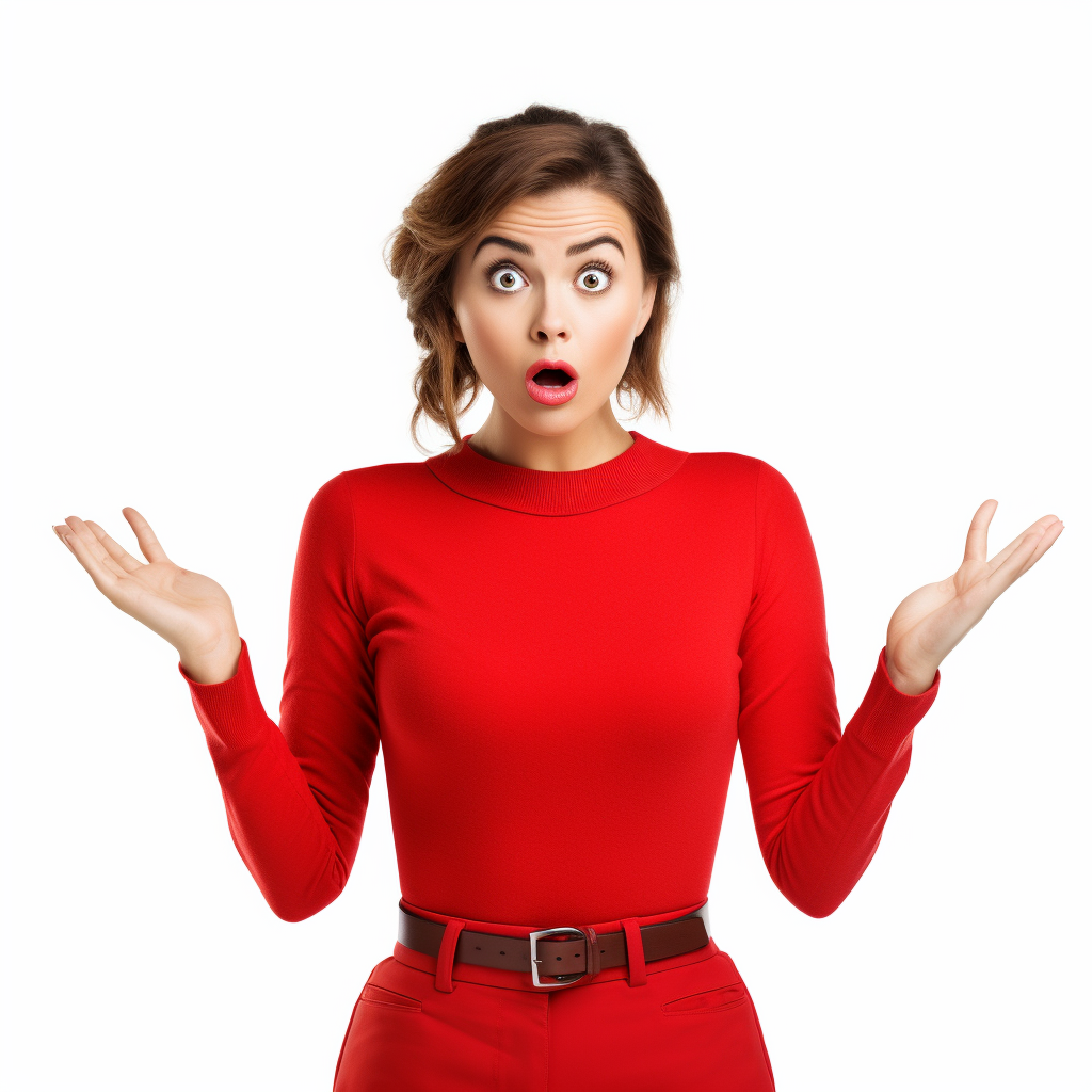 Surprised girl in red clothes pointing right