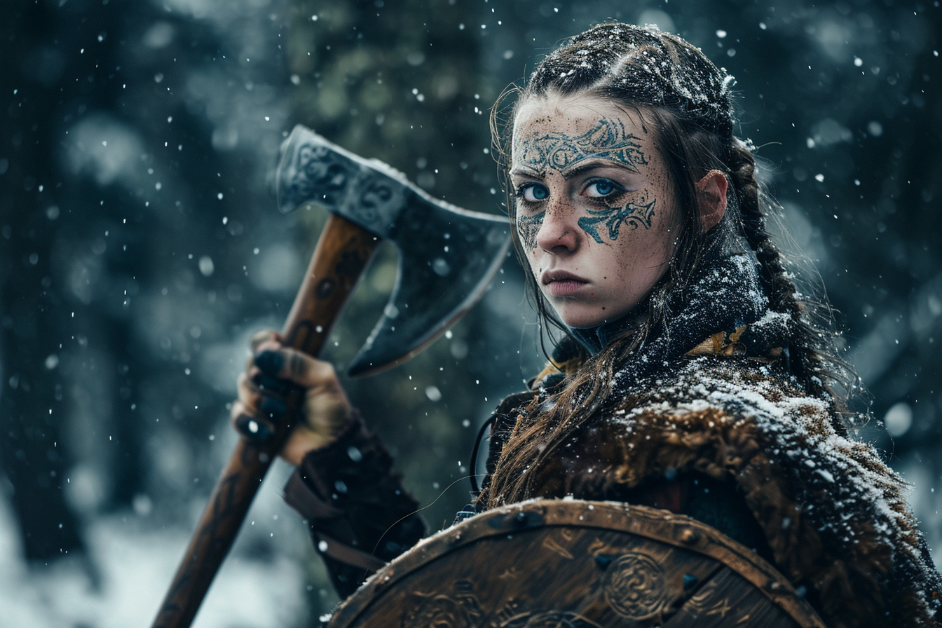 Viking shield maiden with hand axe in snowy forest
