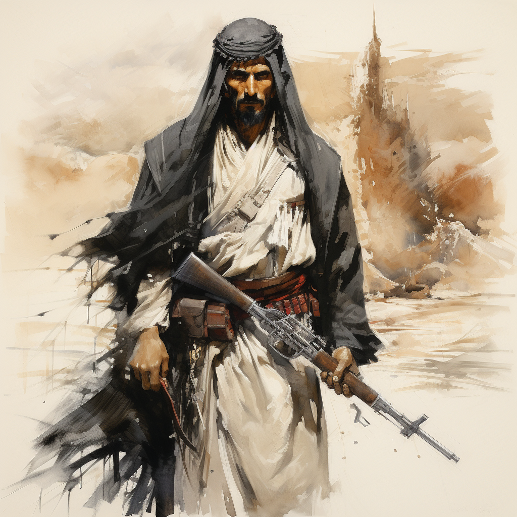 Bedouin with Arabic sword in desert