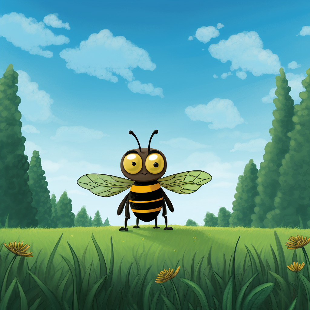 Adorable bee with sharp stinger in green field