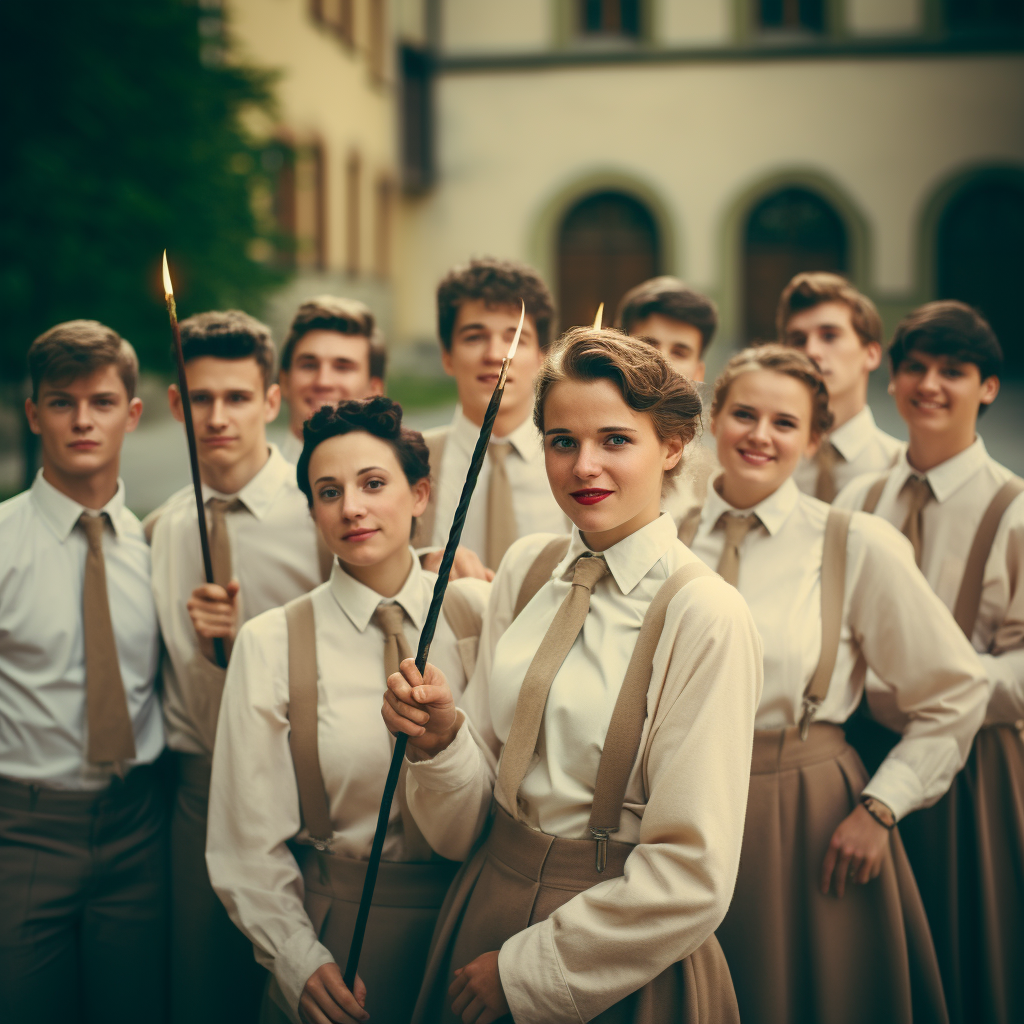 Group of people in beige uniform with magic wands