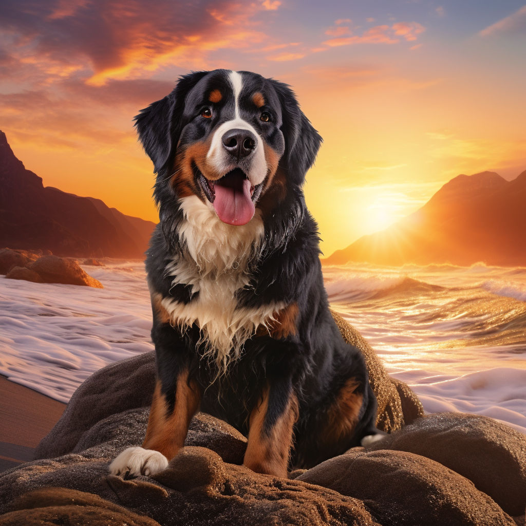 Bernese Mountain Dog on Beach at Sunset