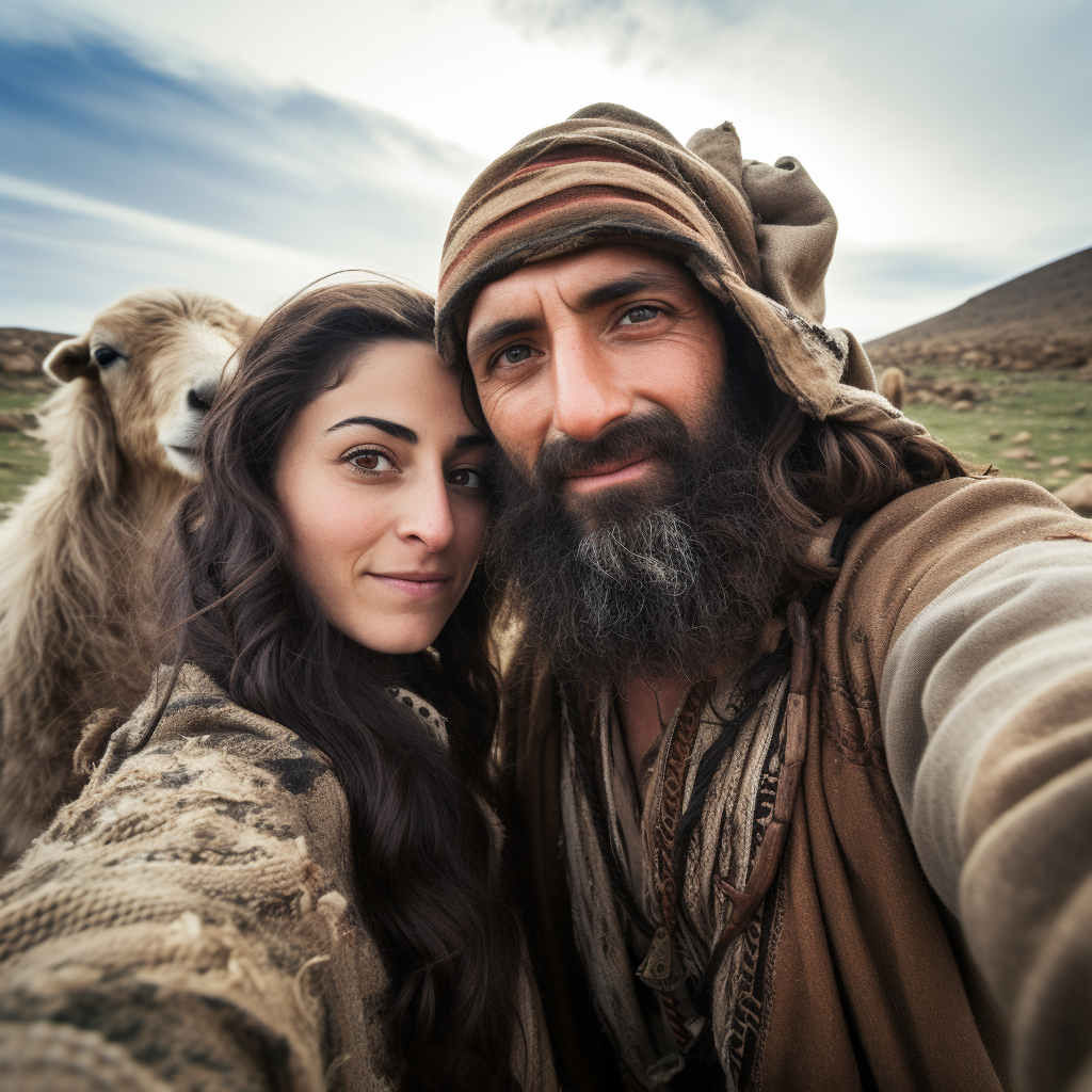 Abraham and Sarah taking a selfie with sheep