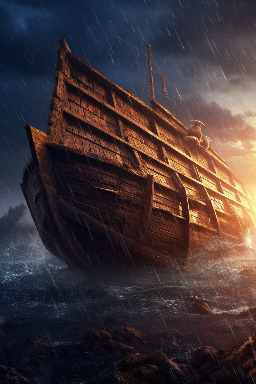 Detailed biblical ark in heavy storm