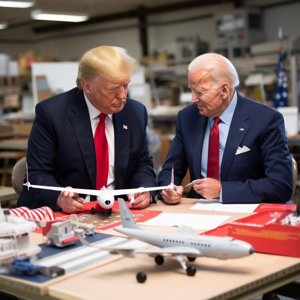 Joe Biden and Donald Trump modeling airplanes