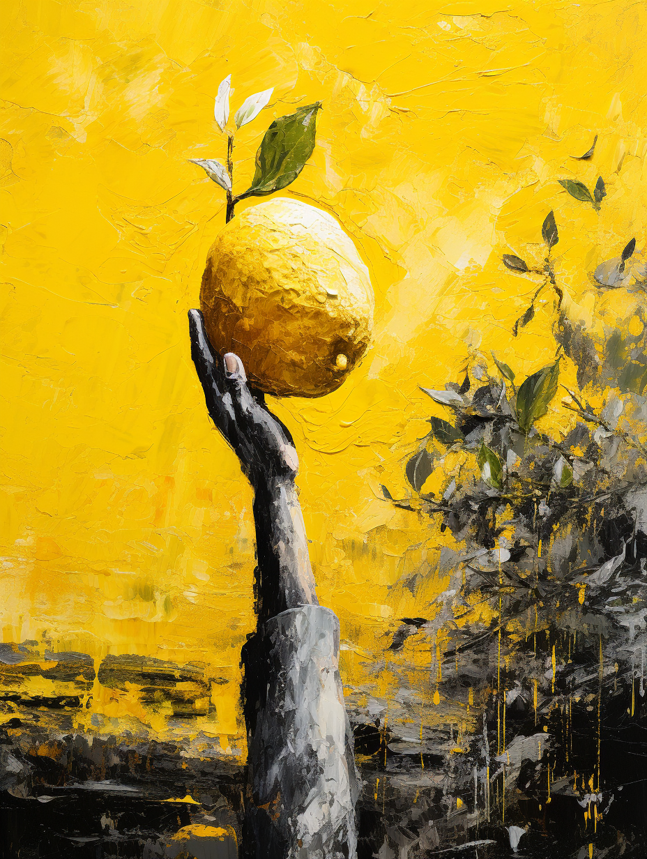 Acrylic painting of a bold lemon in a hand