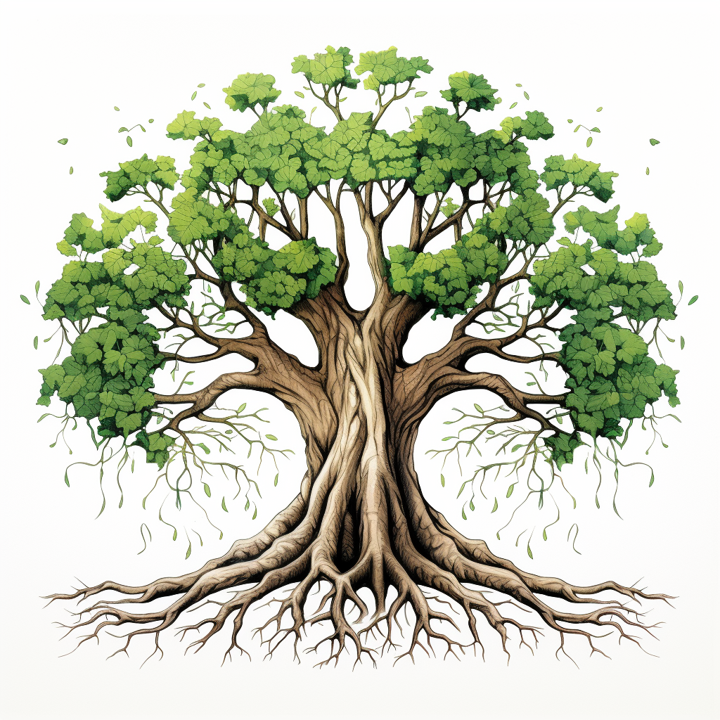 Cubistic illustration of big tree with root system