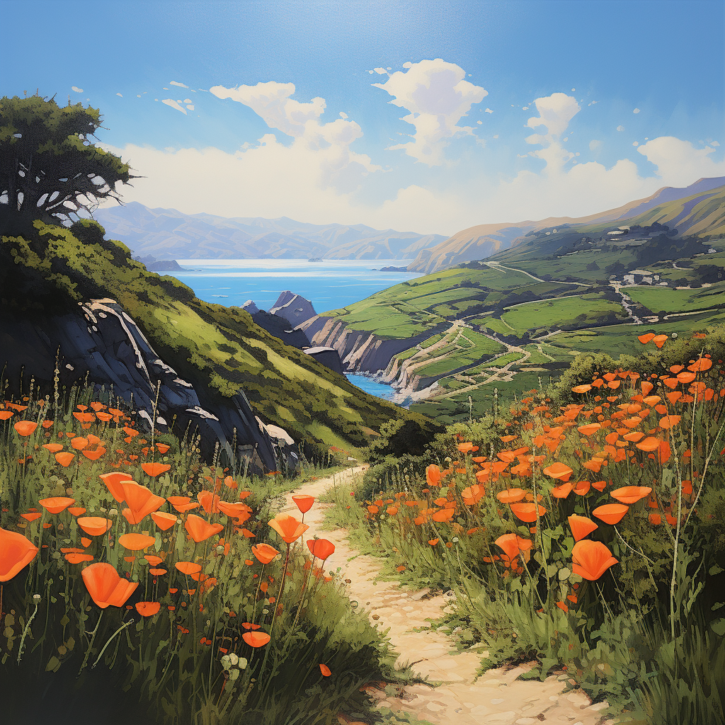 Beautiful Big Sur Landscape with Blooming Poppies