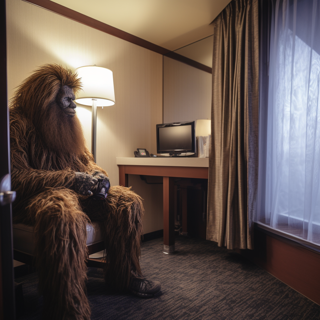 Bigfoot in hotel room with camera