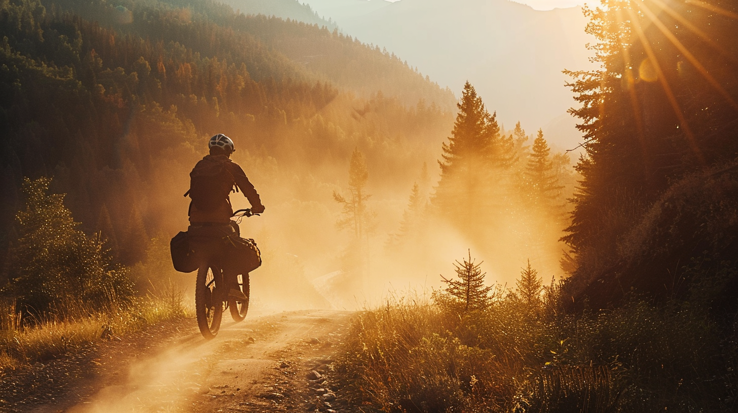 Lone cyclist in wilderness silhouette