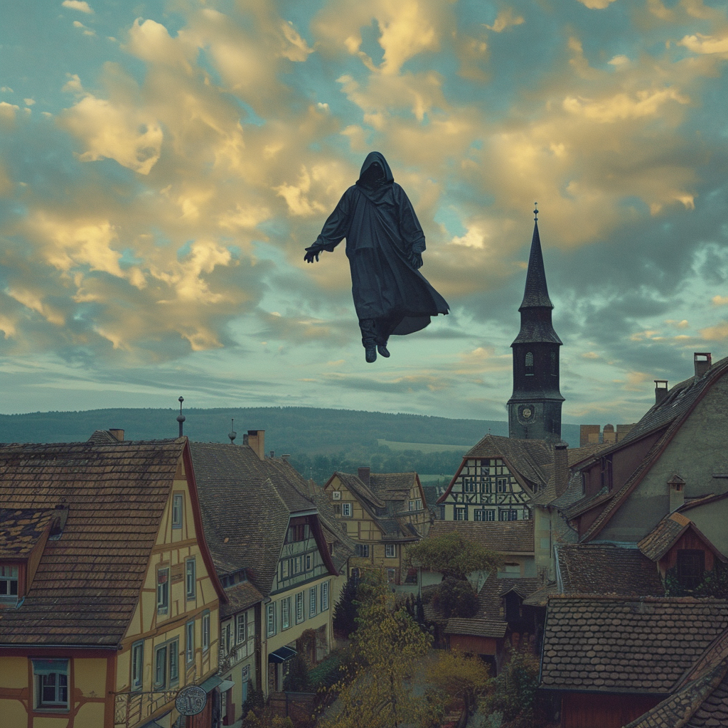 Bill Gates as Reaper Floating Old German Townhall