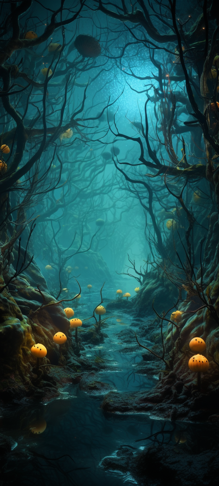 Bioluminescent plants and animals in horror scene