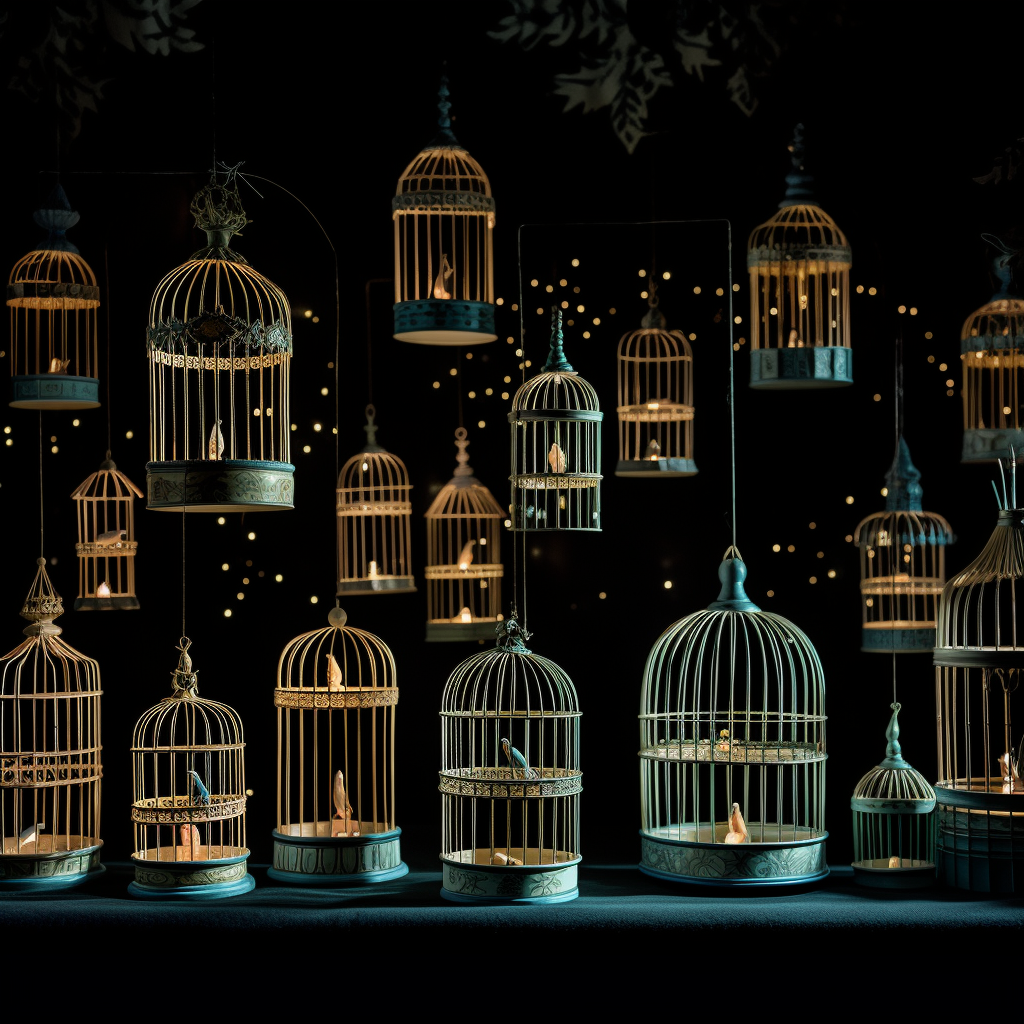 Pale colored bird cages with light and black background