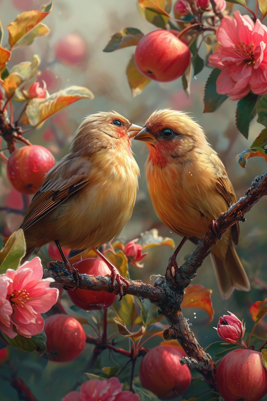 Bird couple under apple tree