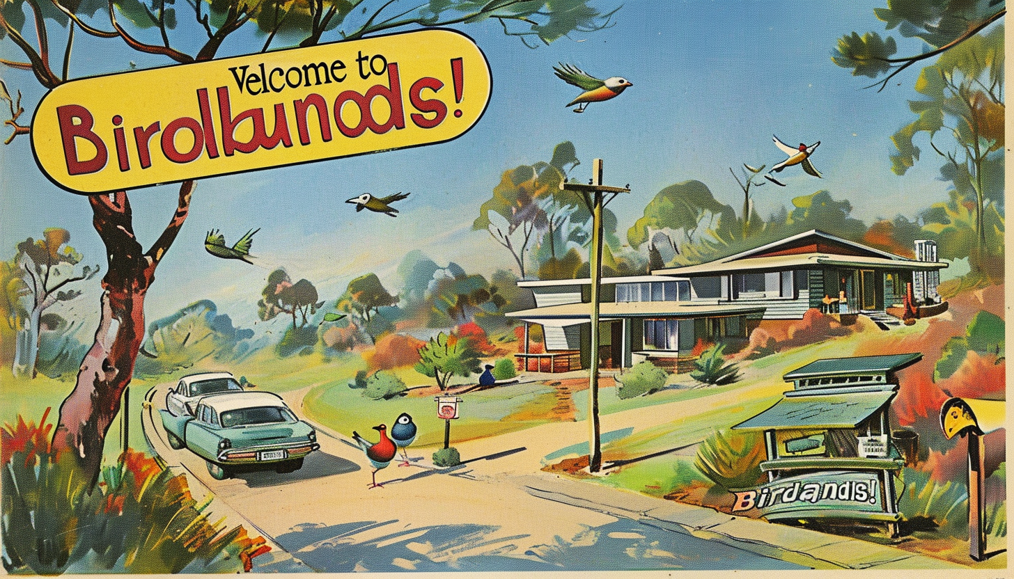 Cheerful cartoon birds in Birdlands advertisement