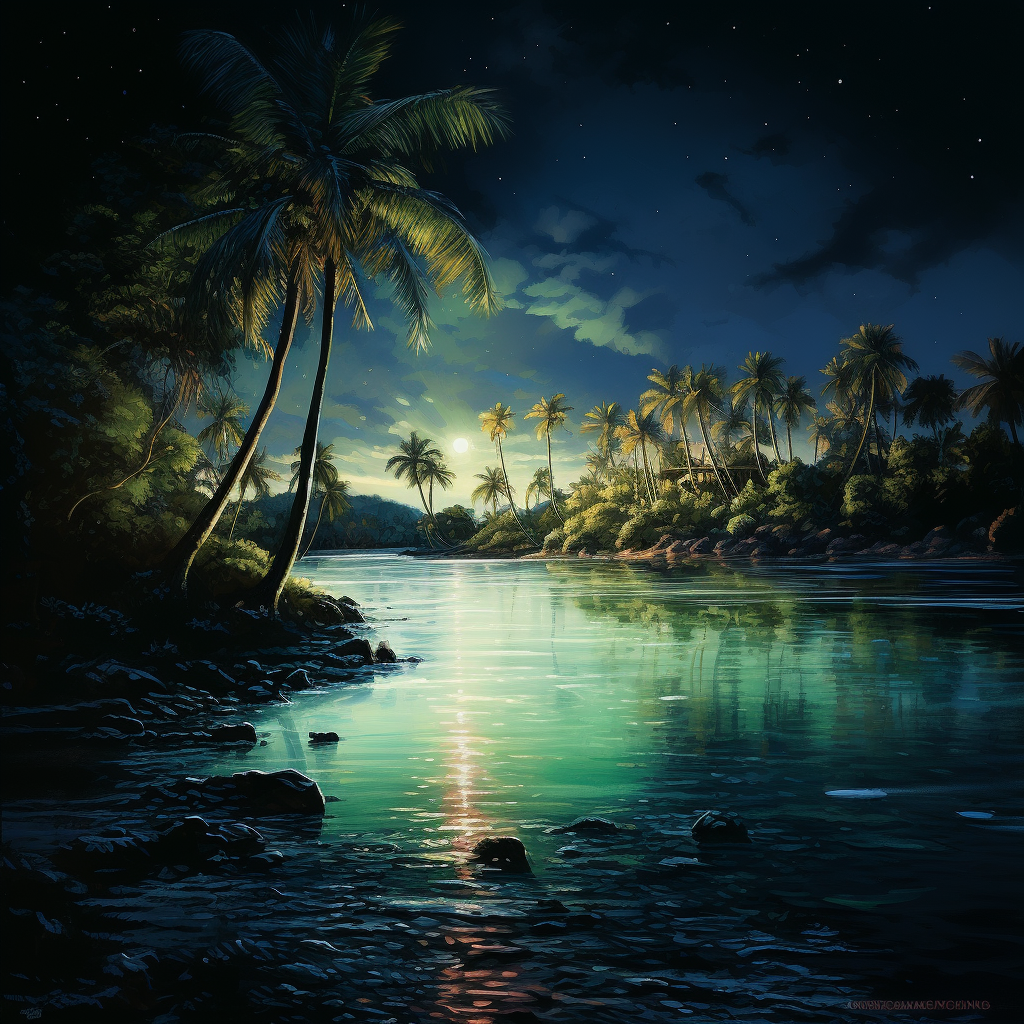 Night view of Biscayne Bay with palm trees