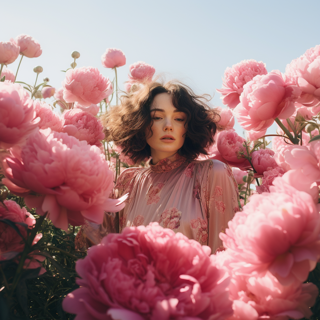 Woman standing in field surrounded by pink and white peonies