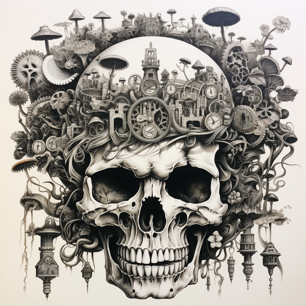 Steampunk Mushrooms Skull Drawing